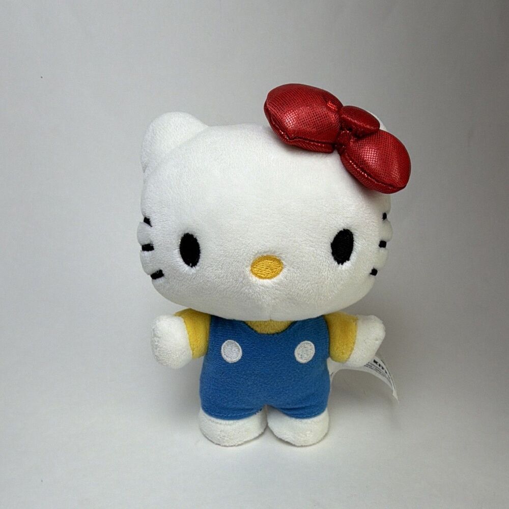 Sanrio Hello Kitty Plush Stuffed Animal White Blue Overalls Red Bow 6 inch